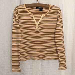 tangents S Cotton Gold Striped Ribbed Front Snap V-Neck Long Sleeve Thermal